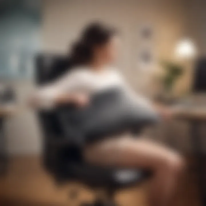 Person adjusting a lumbar pillow on an office chair