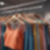 A collection of vibrant crop tops hanging on a rack, showcasing different colors and styles.