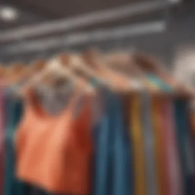 Diverse Styles of Crop Tops A collection of vibrant crop tops hanging on a rack, showcasing different colors and styles.