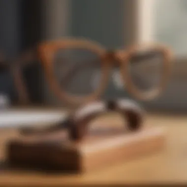 Sophisticated Wooden Eyeglass Holder Elegant wooden desktop eyeglass holder with stylish design.