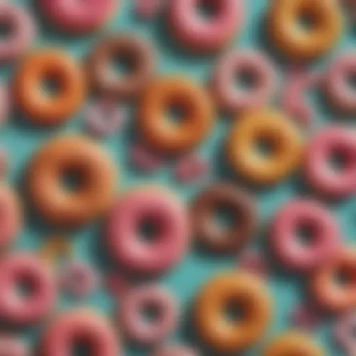 Vibrant donut-patterned swimwear laid out on a beach towel