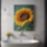 Bright sunflower wall decor in a modern bathroom setting