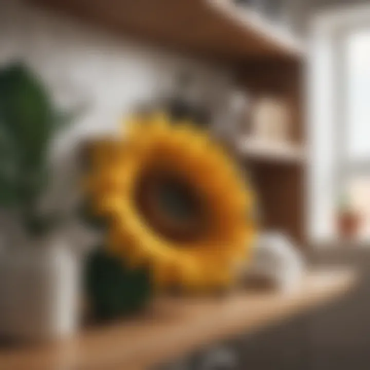 Charming sunflower accents on bathroom shelves