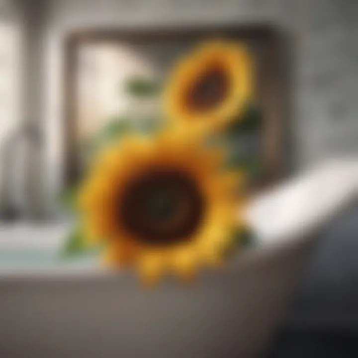 Elegant sunflower art piece framed above a bathtub