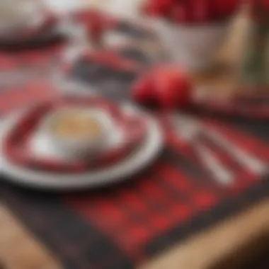 Close-up view of buffalo plaid placemats with seasonal decor