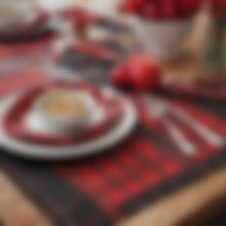 Close-up view of buffalo plaid placemats with seasonal decor