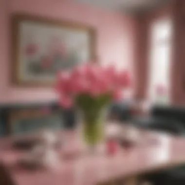 Stylish Interior with Decorative Pink Faux Tulip Arrangements Stylish interior featuring pink faux tulips in various decorative arrangements