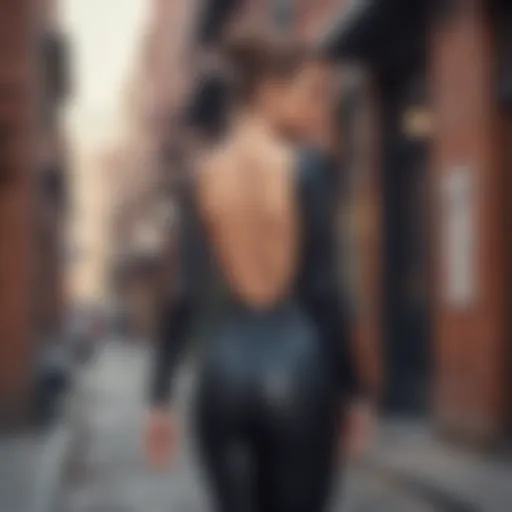 A fashionable individual wearing a backless unitard in an urban setting