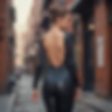 Urban Elegance: The Backless Unitard in Fashion A fashionable individual wearing a backless unitard in an urban setting