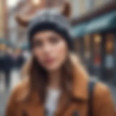 Person wearing a cow print beanie outdoors