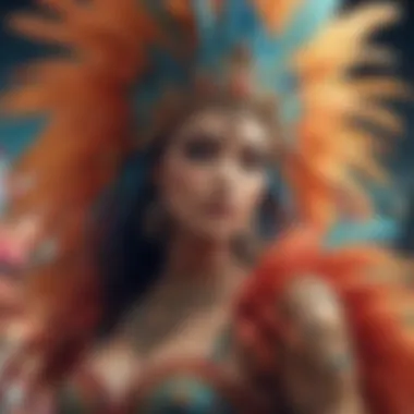 Extravagant Carnival Display A vibrant display of extravagant carnival decorations showcasing colorful feathers and sequins