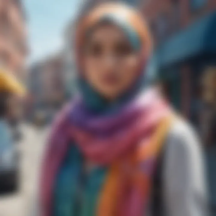 A young woman wearing a colorful tie dye hijab in an urban setting