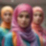 Vibrant tie dye hijabs displayed elegantly on a mannequin