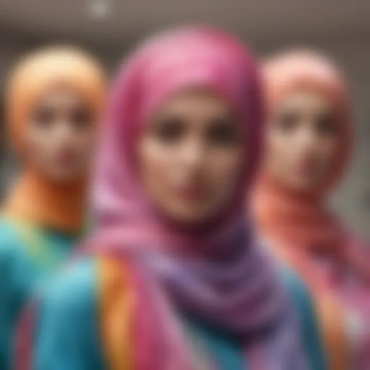 Vibrant tie dye hijabs displayed elegantly on a mannequin