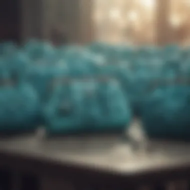 An array of turquoise evening bags displayed on a chic table