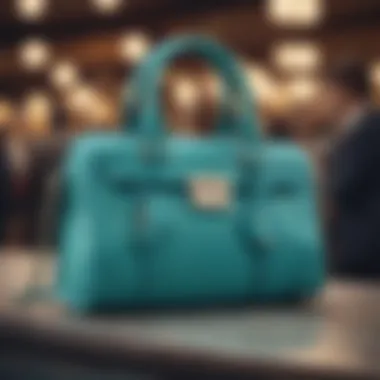 A vibrant turquoise handbag showcased at a glamorous event