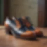 A close-up view of vintage saddle shoes showcasing their distinctive two-tone design.