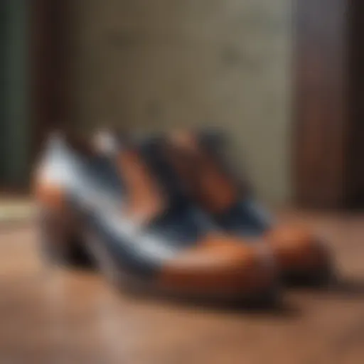 A close-up view of vintage saddle shoes showcasing their distinctive two-tone design.