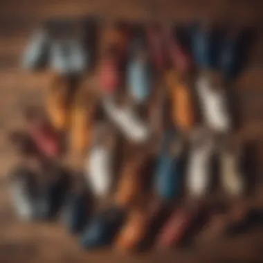 Diverse Collection of Vintage Saddle Shoes An array of vintage saddle shoes in various colors and styles displayed on a vintage wooden surface.