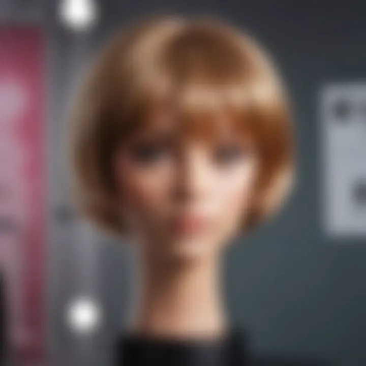 Stylish wig displayed on foam stand in a modern setting