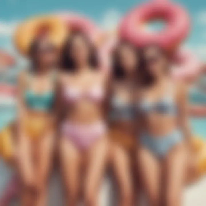 A group of friends enjoying a summer day wearing donut-themed swimwear