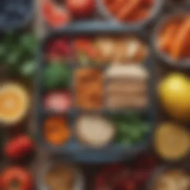Colorful Compartmentalized Lunch Box A colorful compartmentalized lunch box filled with various healthy foods