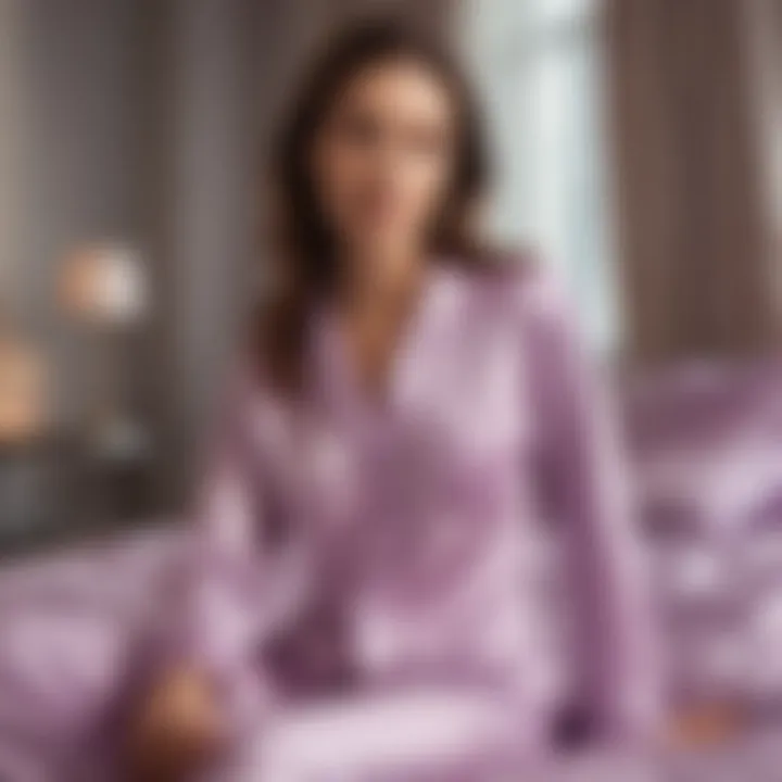 A serene bedroom setting highlighting light purple silk pajamas