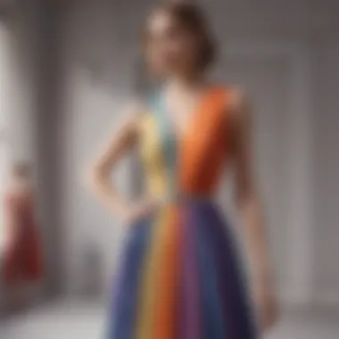 A vibrant color block pleated dress on a mannequin showcasing its stylish design.