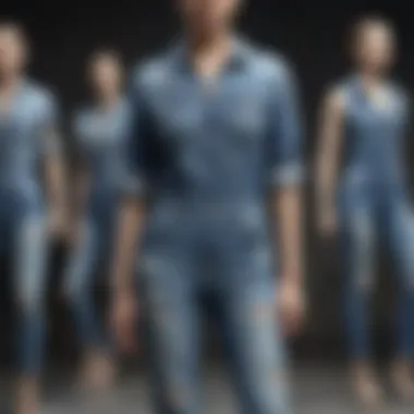 Versatile Styles of Distressed Denim Jumpsuits A collection of distressed denim jumpsuits in various styles and washes on display