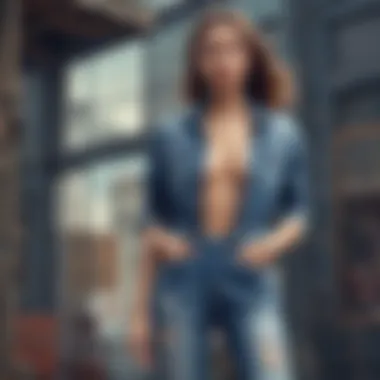 Casual Chic: Distressed Denim in Everyday Life An outdoor scene featuring a distressed denim jumpsuit worn in a casual yet chic manner