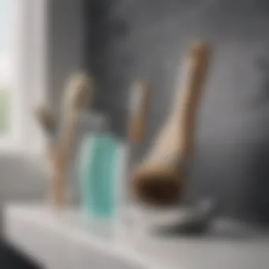 Silicone Brush on Bathroom Shelf Silicone exfoliating brush on a bathroom shelf