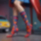 A stylish display of superwoman socks showcasing vibrant designs and patterns