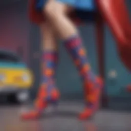 A stylish display of superwoman socks showcasing vibrant designs and patterns