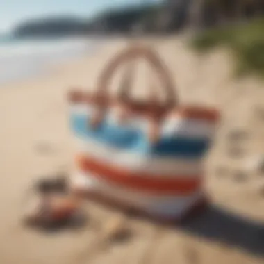 Stylish Packable Beach Bag on Shoreline A stylish packable beach bag on a sandy shoreline.