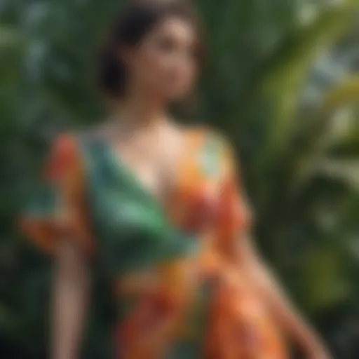 A vibrant tropical dress adorned with palm leaves