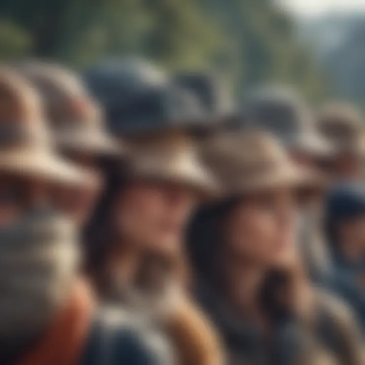 Different designs of hiking hats with neck covers displayed outdoors