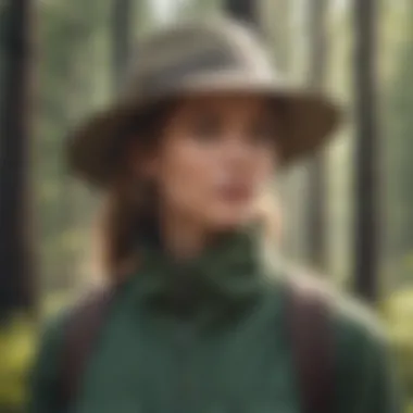 Hiker in Nature with Neck Cover Hat A hiker wearing a stylish hat with neck cover in a sunlit forest