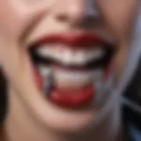 A close-up of braces adorned with vampire fangs.