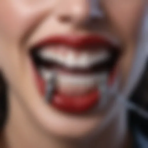 A close-up of braces adorned with vampire fangs.