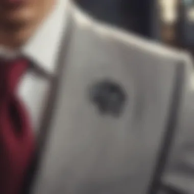 Close-up of a groom's suit featuring a stylish lapel pin