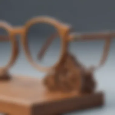 Close-up of intricate craftsmanship in a wooden eyeglass holder